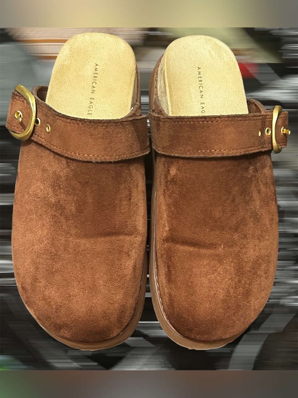 American Eagle Outfitters Brown Suede Buckle Clog Flats